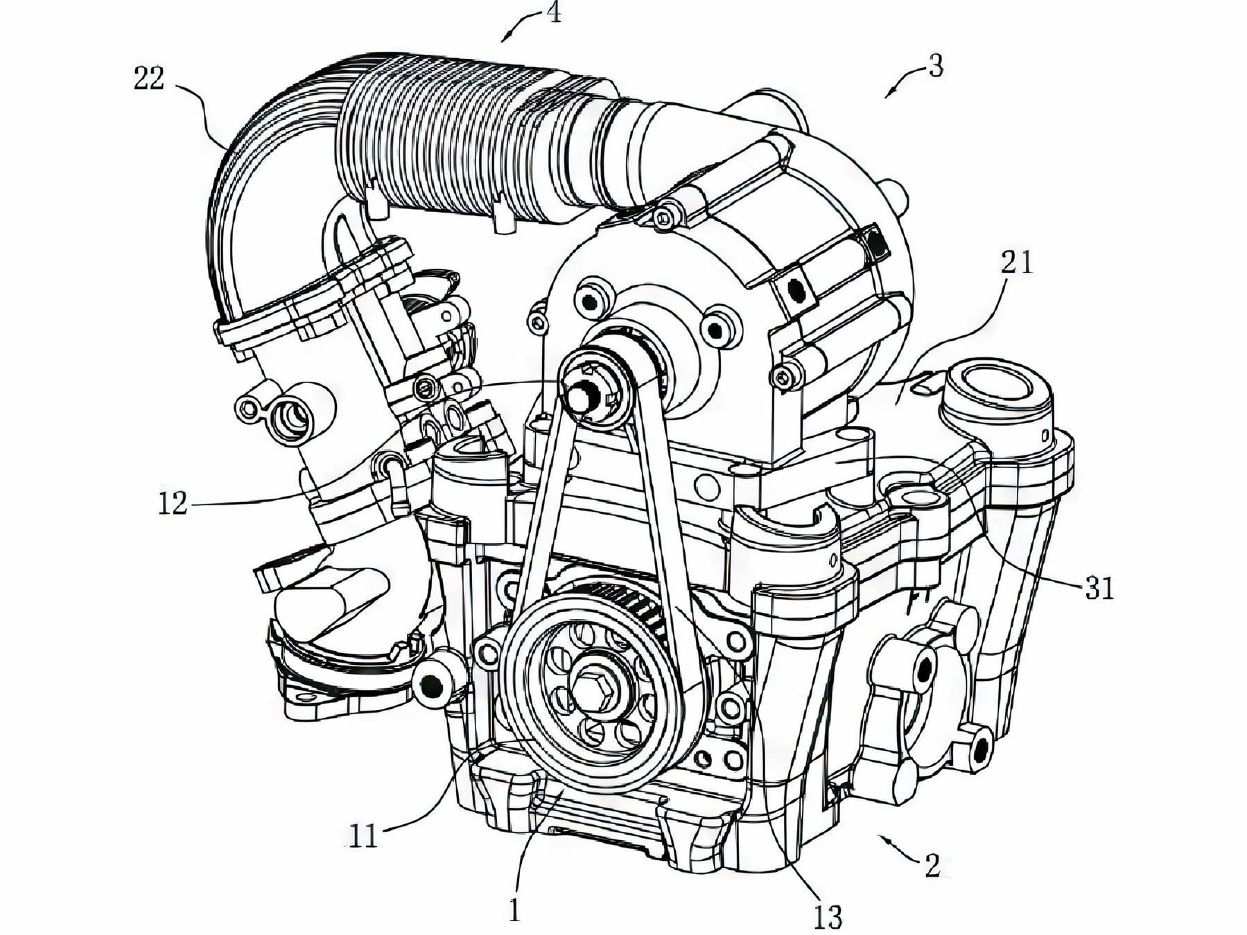 Benda Kompressor-Patent 2023 – Patentzeichnung des V-Twin mit von der Nockenwelle angetriebenem Kompressor per Riemen