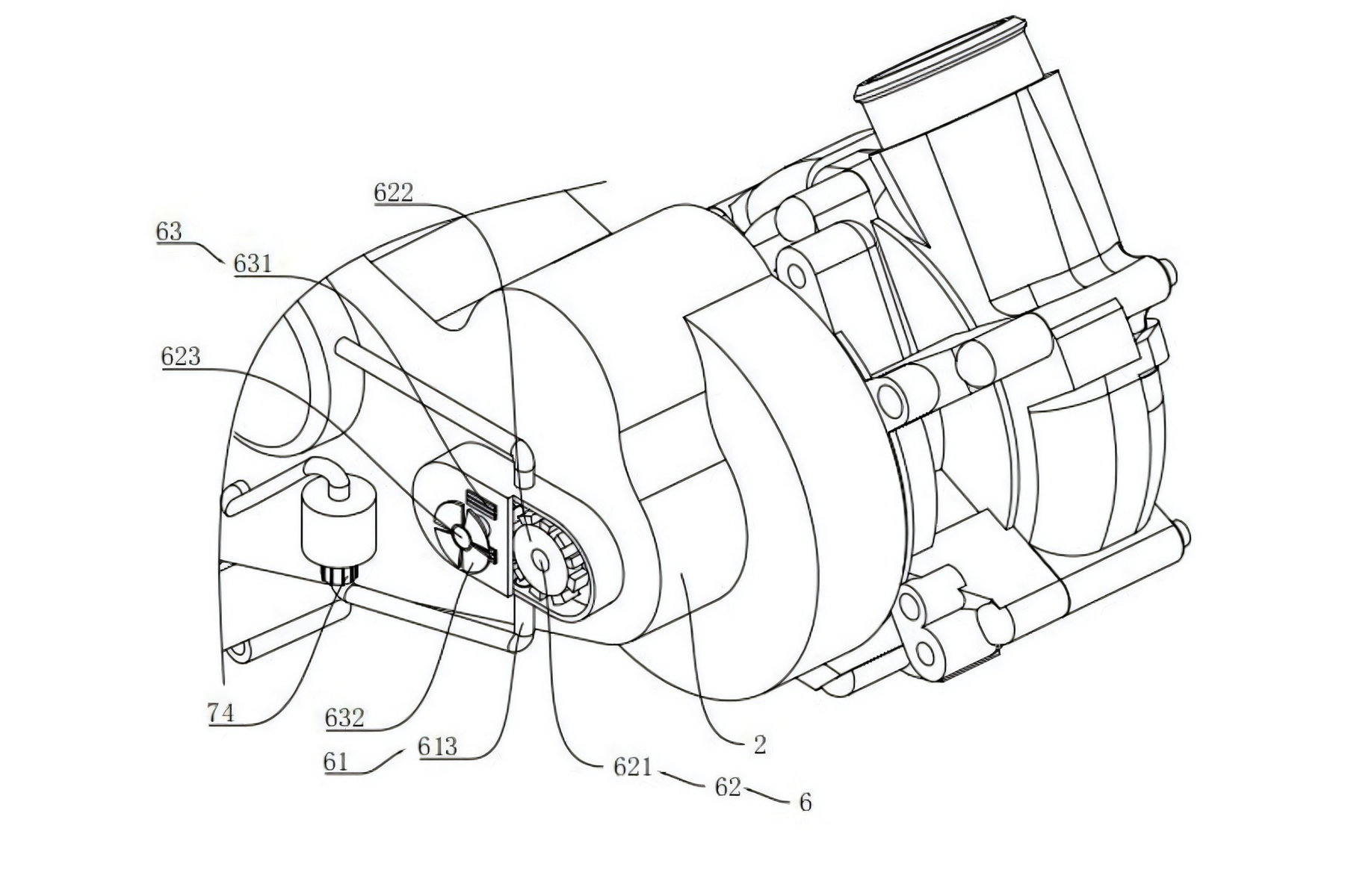 Benda Kompressor-Patent 2026 – Patentzeichnung des neuen Kompressor-Antriebs am Motorgehäuse mit Zahnradsatz
