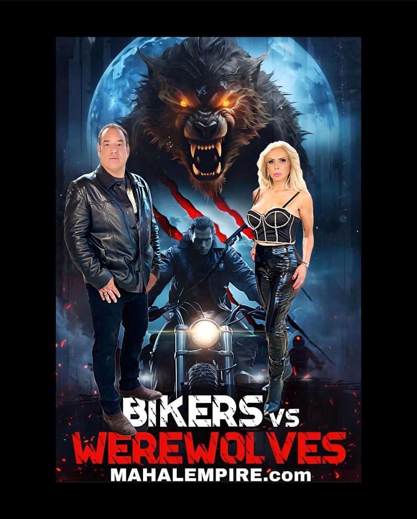 Bikers Vs. Werewolves (2026) – Filmplakat: Biker auf Motorrad vor Werwolf und Vollmond
