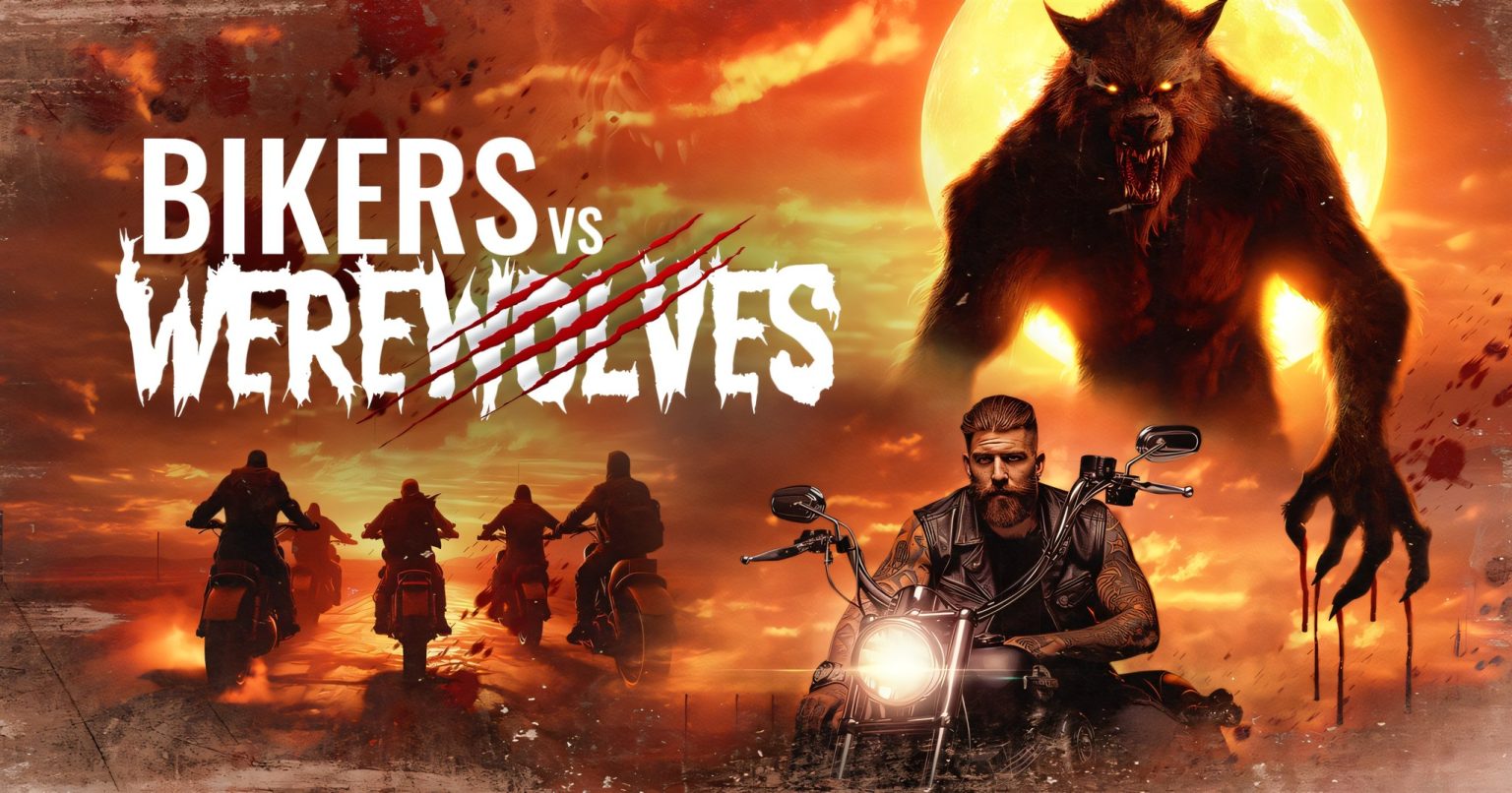Bikers Vs. Werewolves (2026) – Kampagnenbild: Biker auf Motorrädern vor brennendem Hintergrund und Werwolf, Filmtitel-Schriftzug