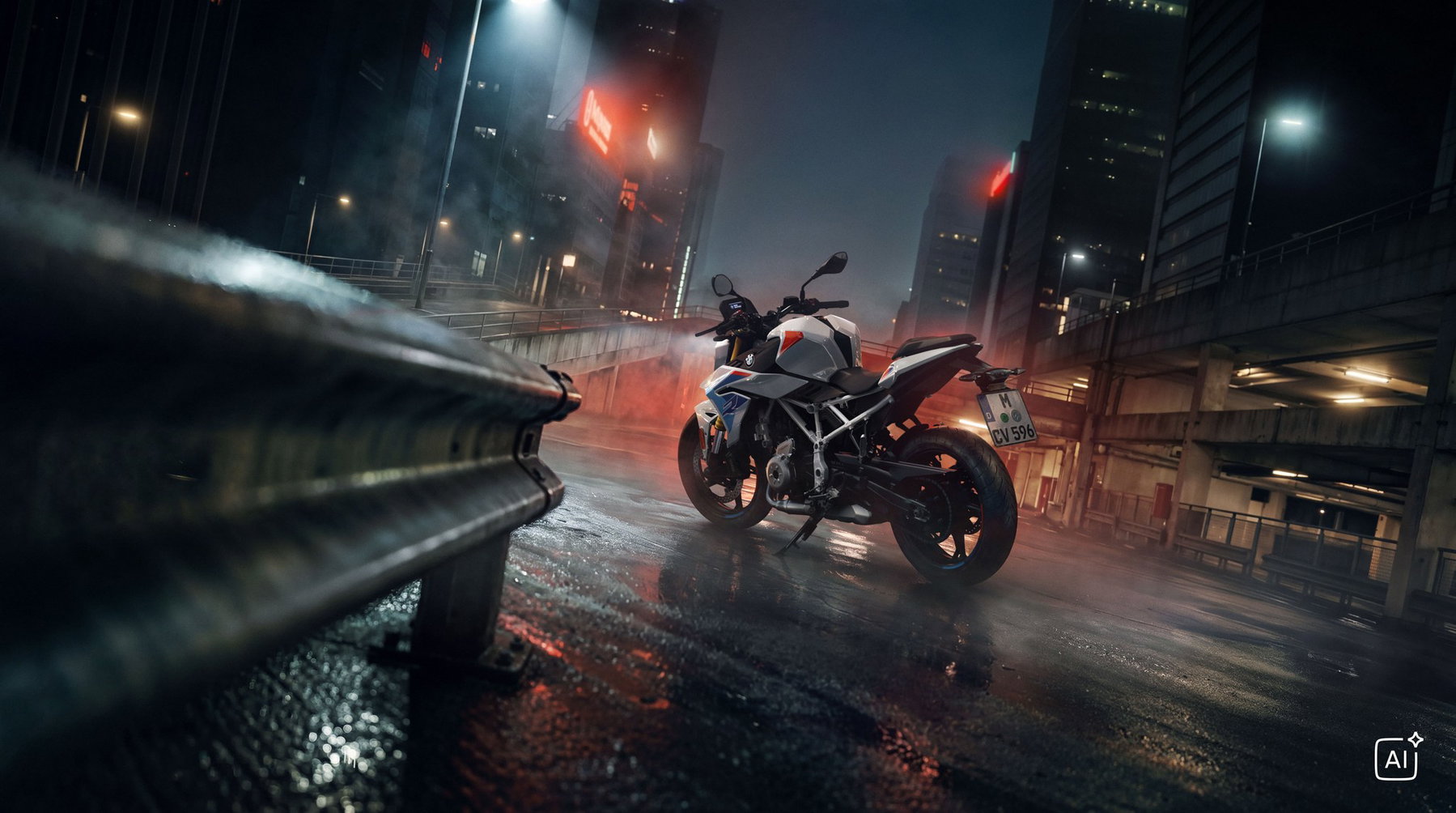 BMW F 450 R ab 6.490 Euro: Die A2-BMW unterbietet Aprilias Tuono 457 7 BMW F 450 R 2027 – M Sport in Snaefell Weiß / M Motorsport mit Gischt auf nasser Fahrbahn neben einer Leitplanke bei Nacht (KI-generiertes BMW-Pressebild)