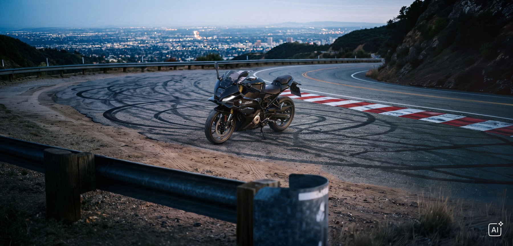 BMW F 450 RR 2027 – Basis in Cosmic Black an einer Bergstraße mit Curbs und Blick auf das Lichtermeer der Stadt (KI-generiertes BMW-Pressebild)