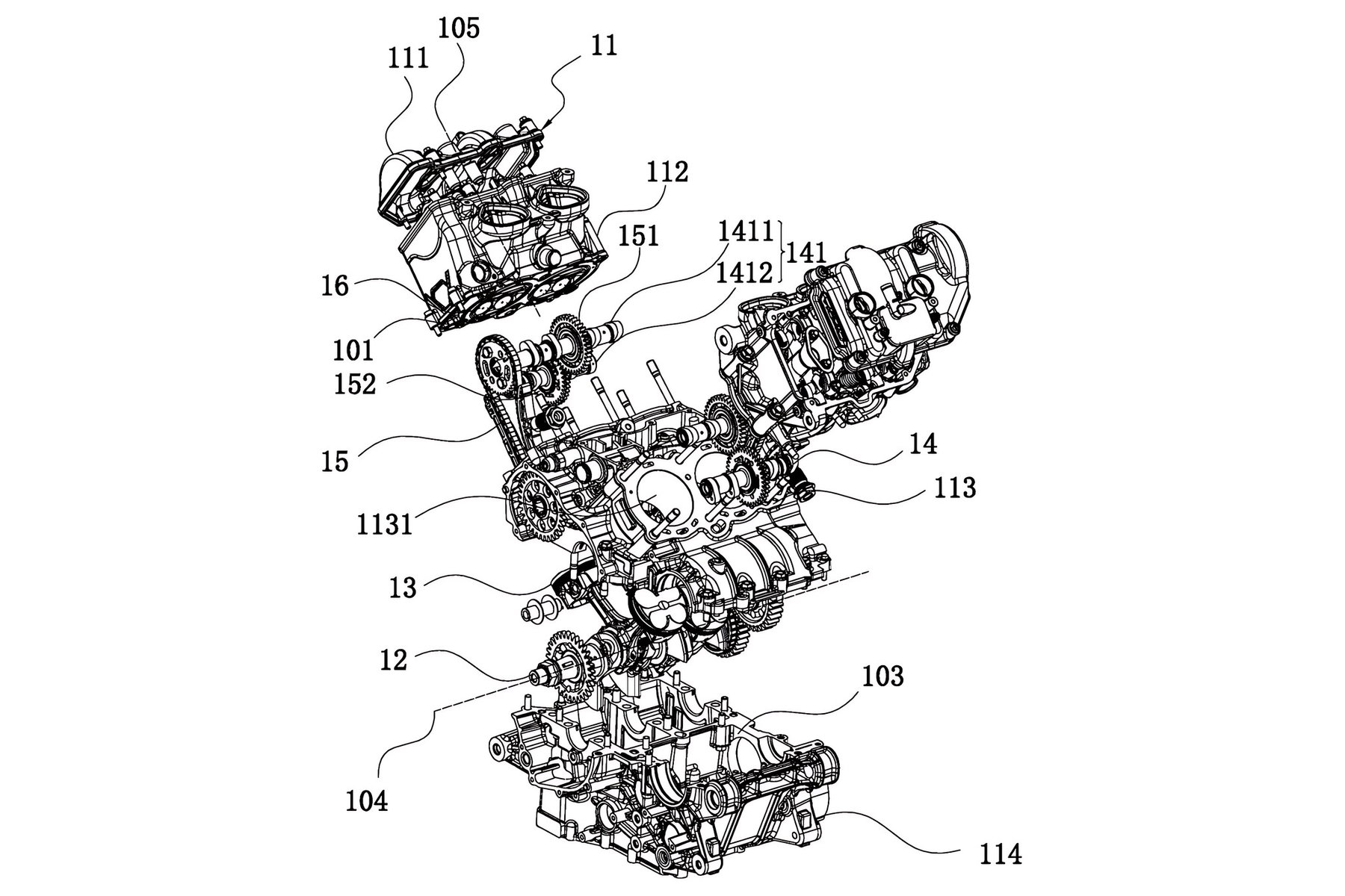 CFMoto V4: Patents Reveal Engine Technology and a Possible Turbo Version 1 CFMoto V4-Motor – Patentzeichnung als Explosionsdarstellung mit Zylinderköpfen, Nockenwellenantrieb und Kurbelgehäuse