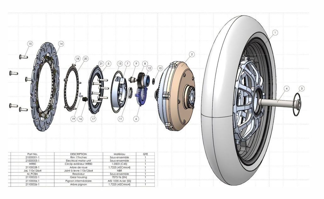Furion EVERSOR – Explosionszeichnung des Radnabenmotors mit Bremsscheibe, Planetengetriebe, Elektromotor und Felge samt Stückliste
