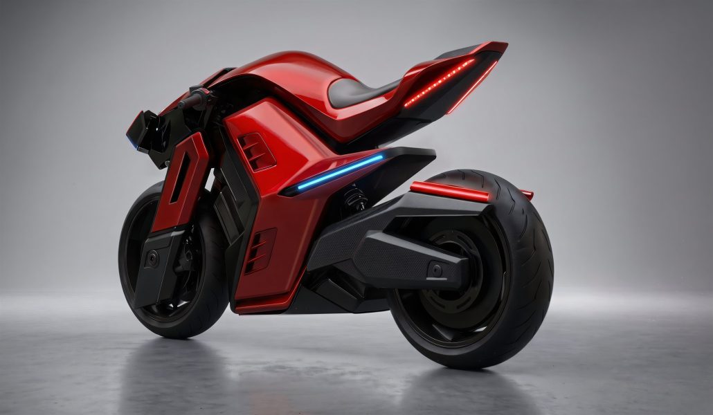 Furion Taran – rotes Elektromotorrad mit schwarzen Verkleidungsteilen und LED-Leisten, Dreiviertelansicht von hinten links im Studio