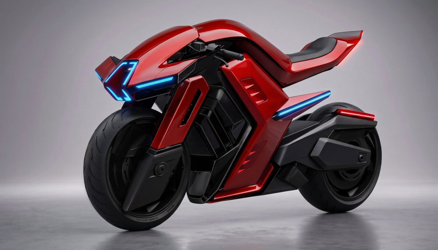 Furion Taran – rotes Elektromotorrad mit blau leuchtendem Frontlicht, Dreiviertelansicht von vorne links im Studio