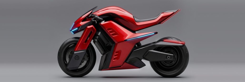 Furion Taran – rotes Elektromotorrad in Seitenansicht von links vor grauem Studiohintergrund