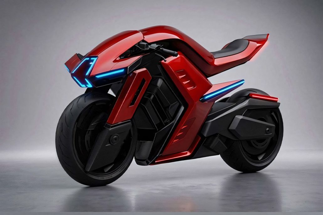 Furion Taran – rotes Elektromotorrad mit blauer LED-Front und Radnabenmotoren, Frontansicht schräg von links im Studio