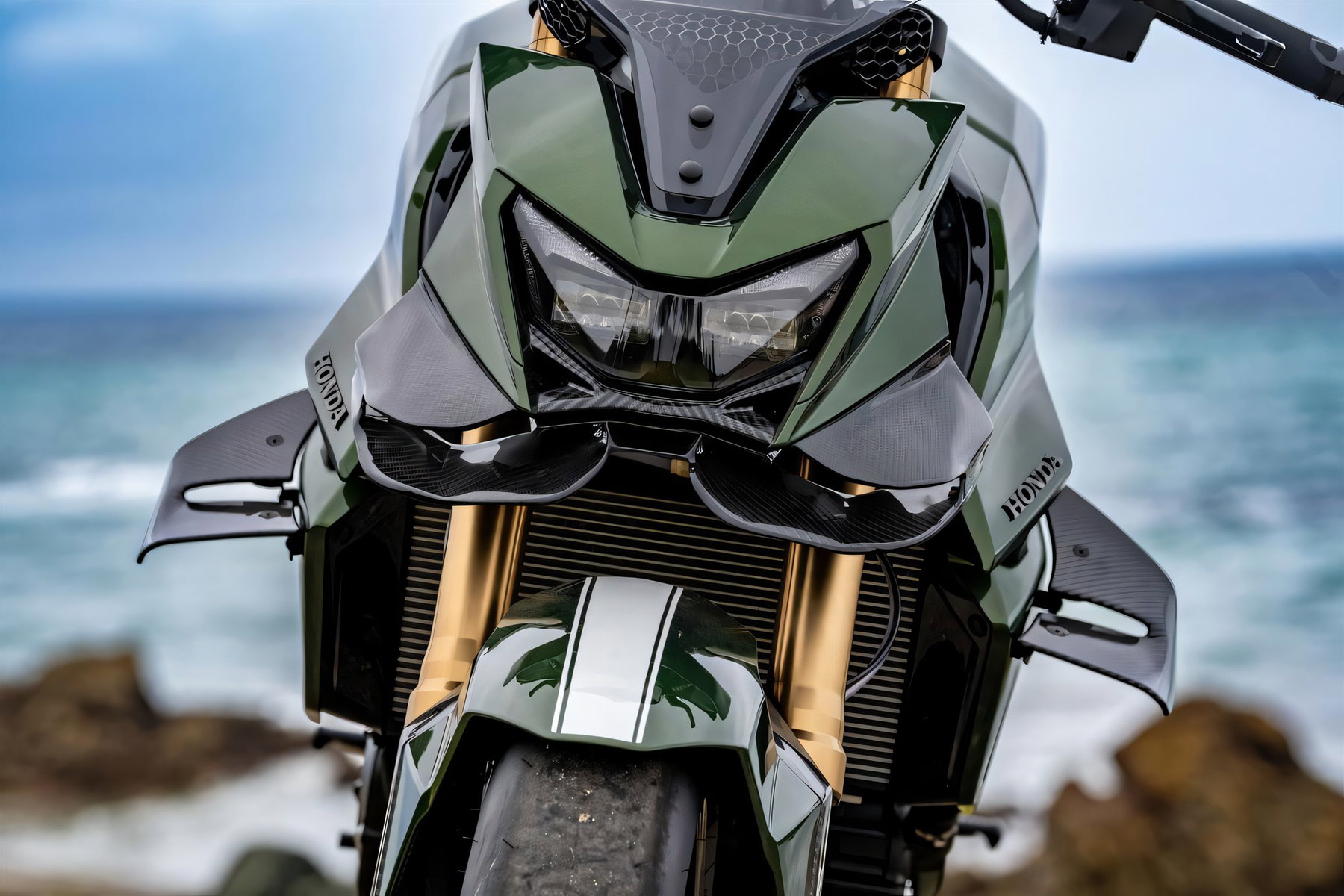 Honda Hornet Mugen: Carbon, Brembo und eine 93 für Marc Márquez 7 Honda CB750 Hornet Mugen 2026 – Frontansicht mit Carbon-Winglets und LED-Scheinwerfer vor dem Meer