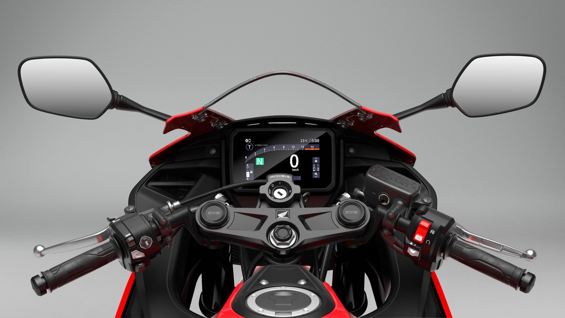 Honda CBR500R FOUR 2027 – Cockpit mit 5-Zoll-TFT-Farbdisplay und Lenkerstummeln aus Fahrerperspektive