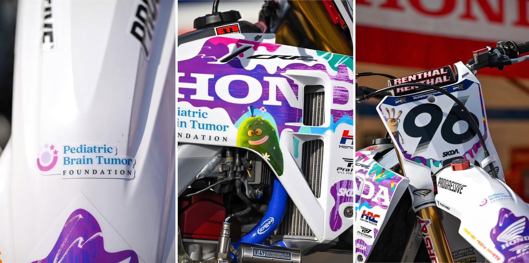 Signed Honda Factory Parts From 30 Dollars: Auction Helps Children With Brain Tumors 1 Collage aus drei Detailaufnahmen der bunten Honda-HRC-Sonderverkleidung mit PBTF-Logo, lila Honda-Schriftzug und Startnummerntafel 96