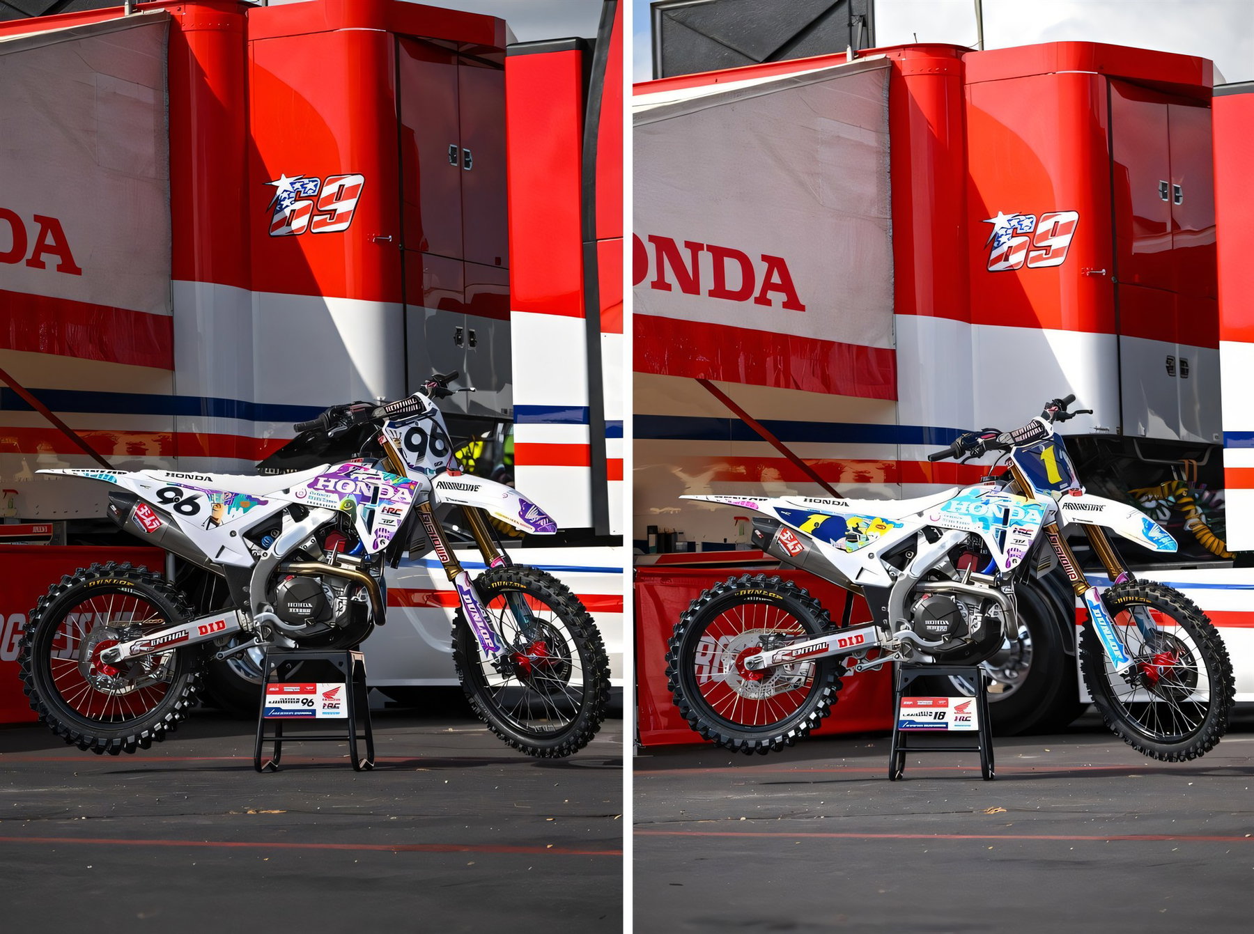 Signed Honda Factory Parts From 30 Dollars: Auction Helps Children With Brain Tumors 5 Zwei Ansichten einer weißen Werks-Honda CRF mit bunter Kinderzeichnungs-Grafik vor dem Honda-HRC-Truck