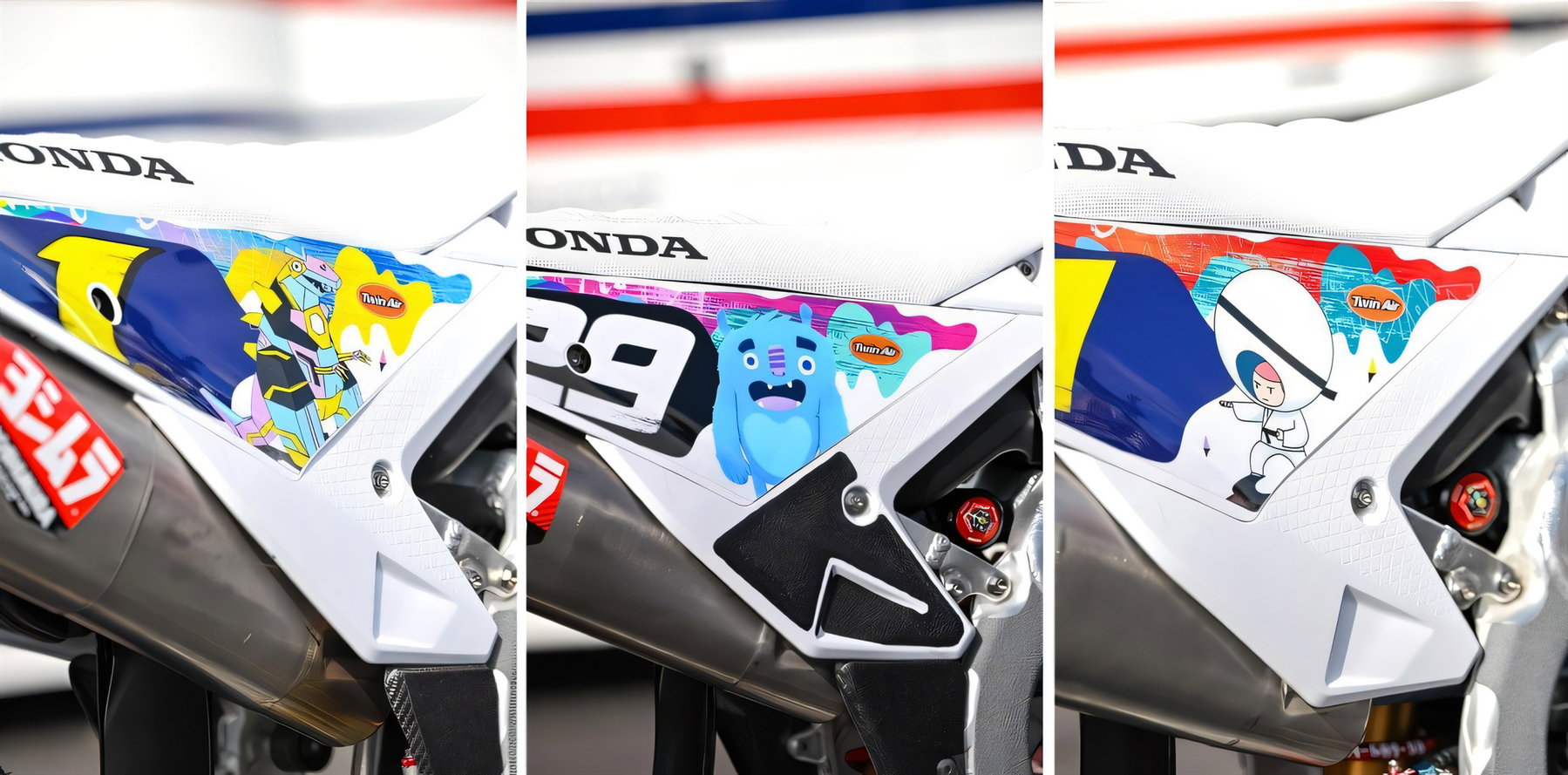 Signed Honda Factory Parts From 30 Dollars: Auction Helps Children With Brain Tumors 2 Collage aus Seitenverkleidung mit Comicfiguren, Startnummer 29 und blauem Monster-Motiv der Honda-HRC-Sonderlackierung