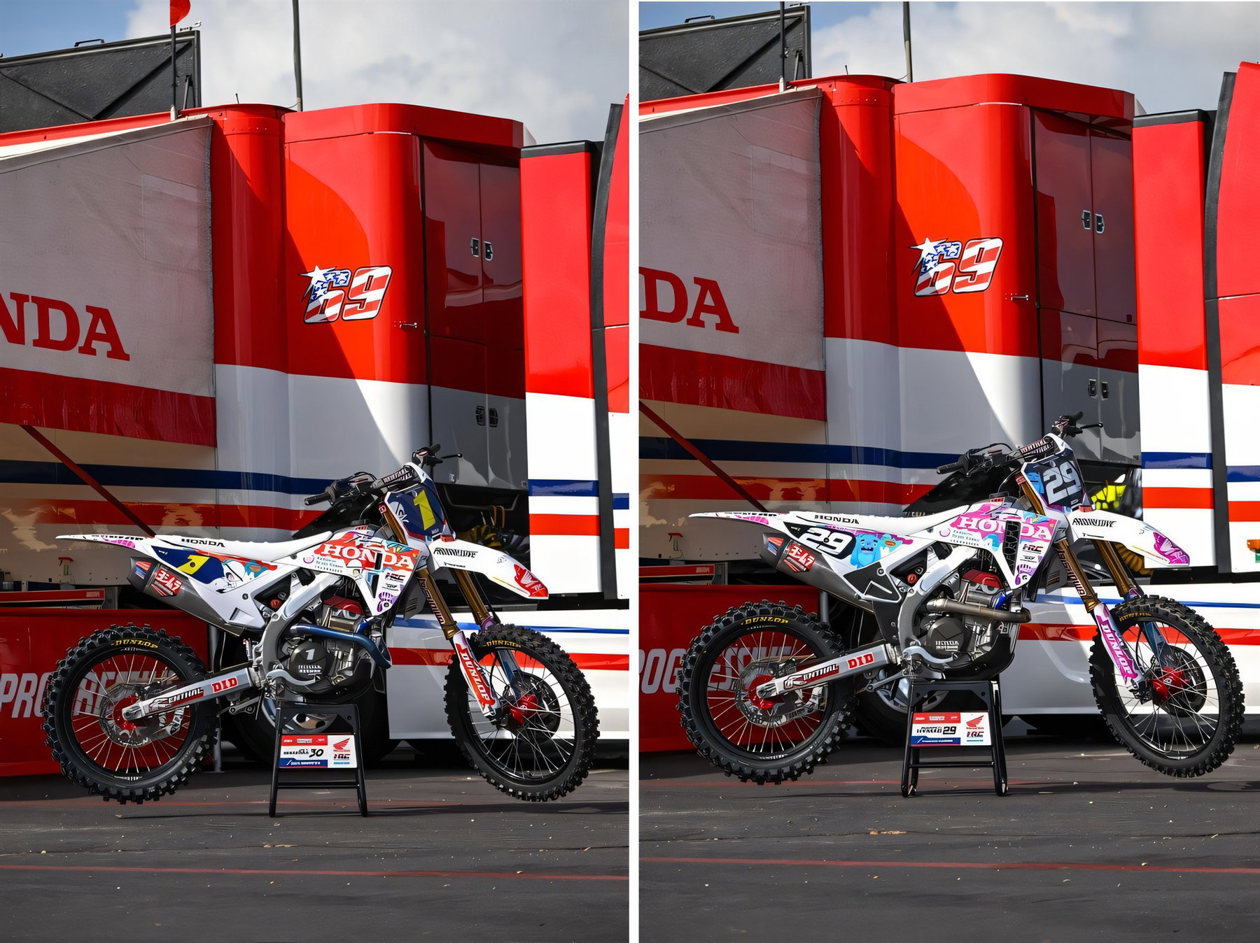 Signed Honda Factory Parts From 30 Dollars: Auction Helps Children With Brain Tumors 3 Zwei weiß-bunte Honda-CRF-Werksmotorräder mit Sonderlackierung vor dem roten Honda-HRC-Teamtruck
