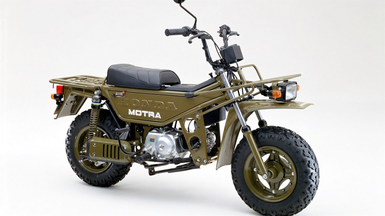 Honda Motra: Kult-Lastesel von 1982 soll mit Akku oder Benzin zurückkehren Honda CT50 Motra 1982 – olivgrüne Motra in Dreiviertelansicht von vorn, Studioaufnahme