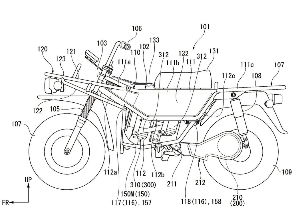 Honda Motra: Kult-Lastesel von 1982 soll mit Akku oder Benzin zurückkehren 3 Honda Motra – Patentzeichnung der Elektroversion mit Akkus im Rahmen, Seitenansicht