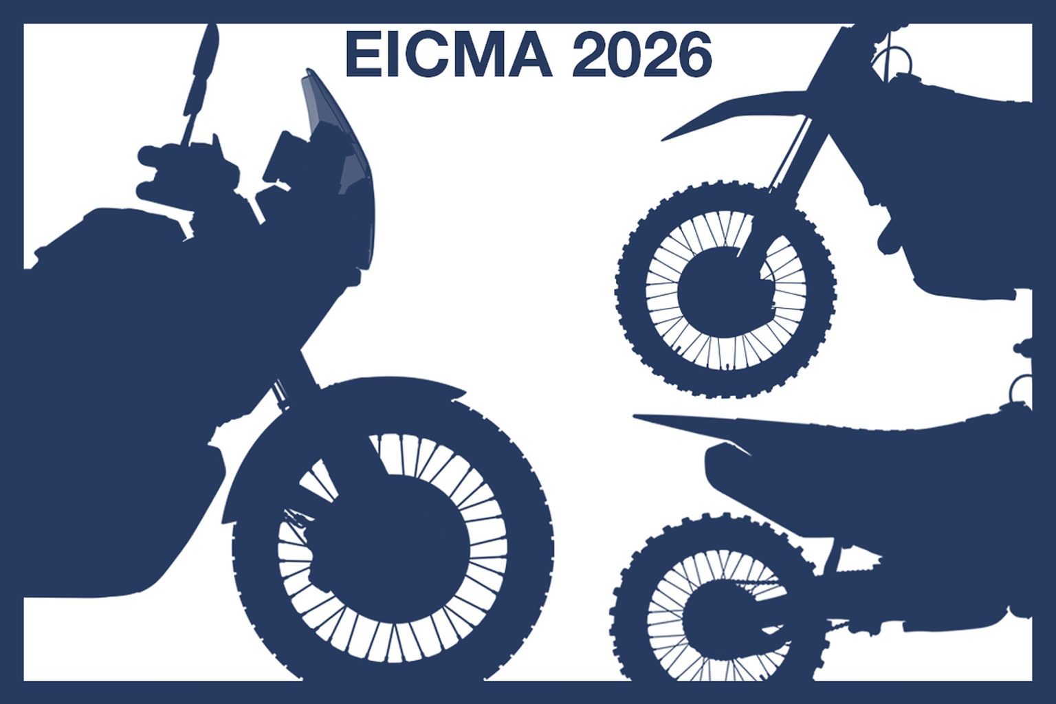 Husqvarna Neuheiten 2027 – Teaser-Grafik zur EICMA 2026 mit Silhouetten der Norden 901 und zweier Offroad-Motorräder in Dunkelblau auf weißem Grund