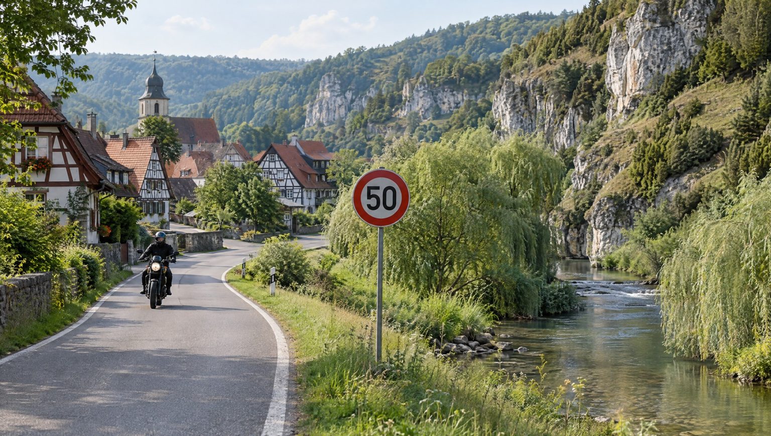 K6769 im Lautertal: Tempo 50 nur für Motorräder – Überblick & Chronik Tempo-50-Schild an einer schmalen Talstraße entlang eines Flusses, ein Motorradfahrer verlässt ein Dorf mit Fachwerkhäusern, im Hintergrund Kalkfelsen der Schwäbischen Alb