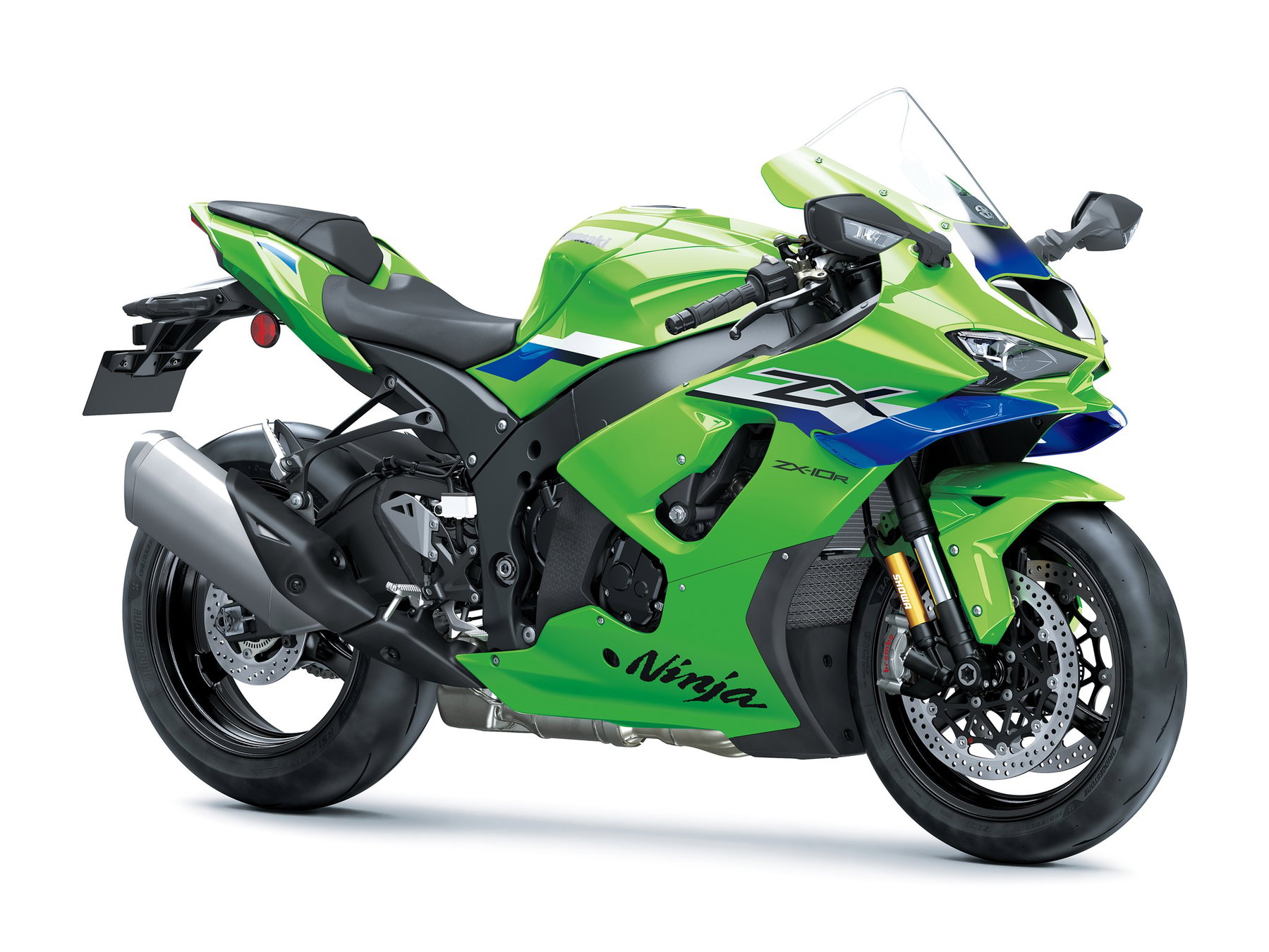 Kawasaki Ninja ZX-10R 2027: Das Superbike bleibt, nur die Farbe ist neu 5 Kawasaki Ninja ZX-10R 2027 – Seitenansicht schräg von vorne rechts in Lime Green / Blue 24 vor weißem Hintergrund