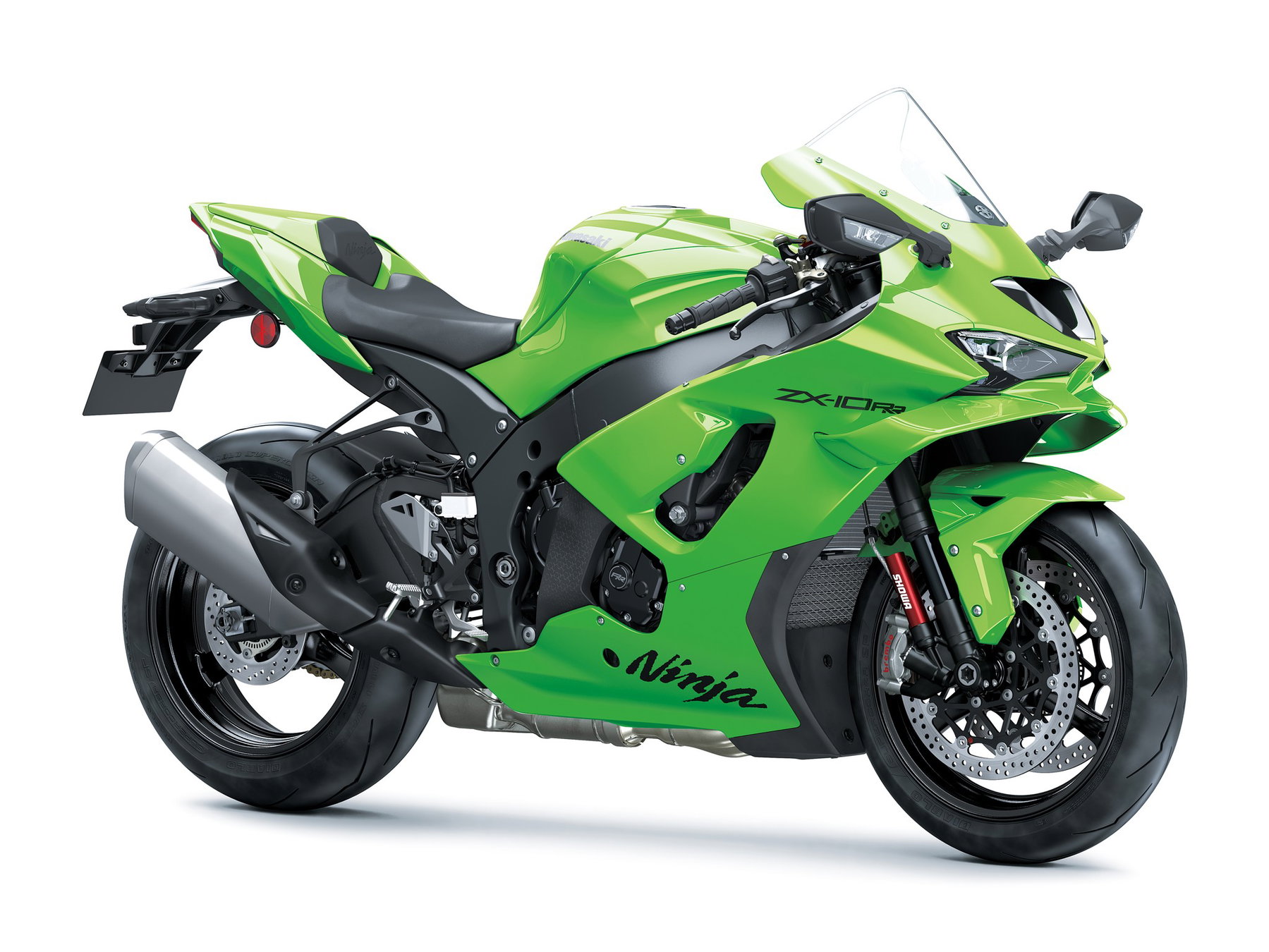 Kawasaki Ninja ZX-10R 2027: Das Superbike bleibt, nur die Farbe ist neu 6 Kawasaki Ninja ZX-10RR 2027 – Seitenansicht schräg von vorne rechts in Lime Green mit Einzelsitz vor weißem Hintergrund