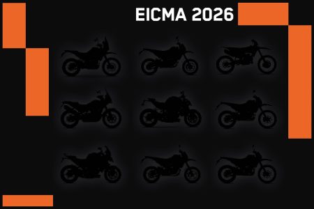 KTM Modellneuheiten 2027 – Teaser-Grafik zur EICMA 2026 mit neun Motorrad-Silhouetten aus den Segmenten Adventure, Naked und Offroad vor schwarzem Hintergrund mit orangefarbenen Balken