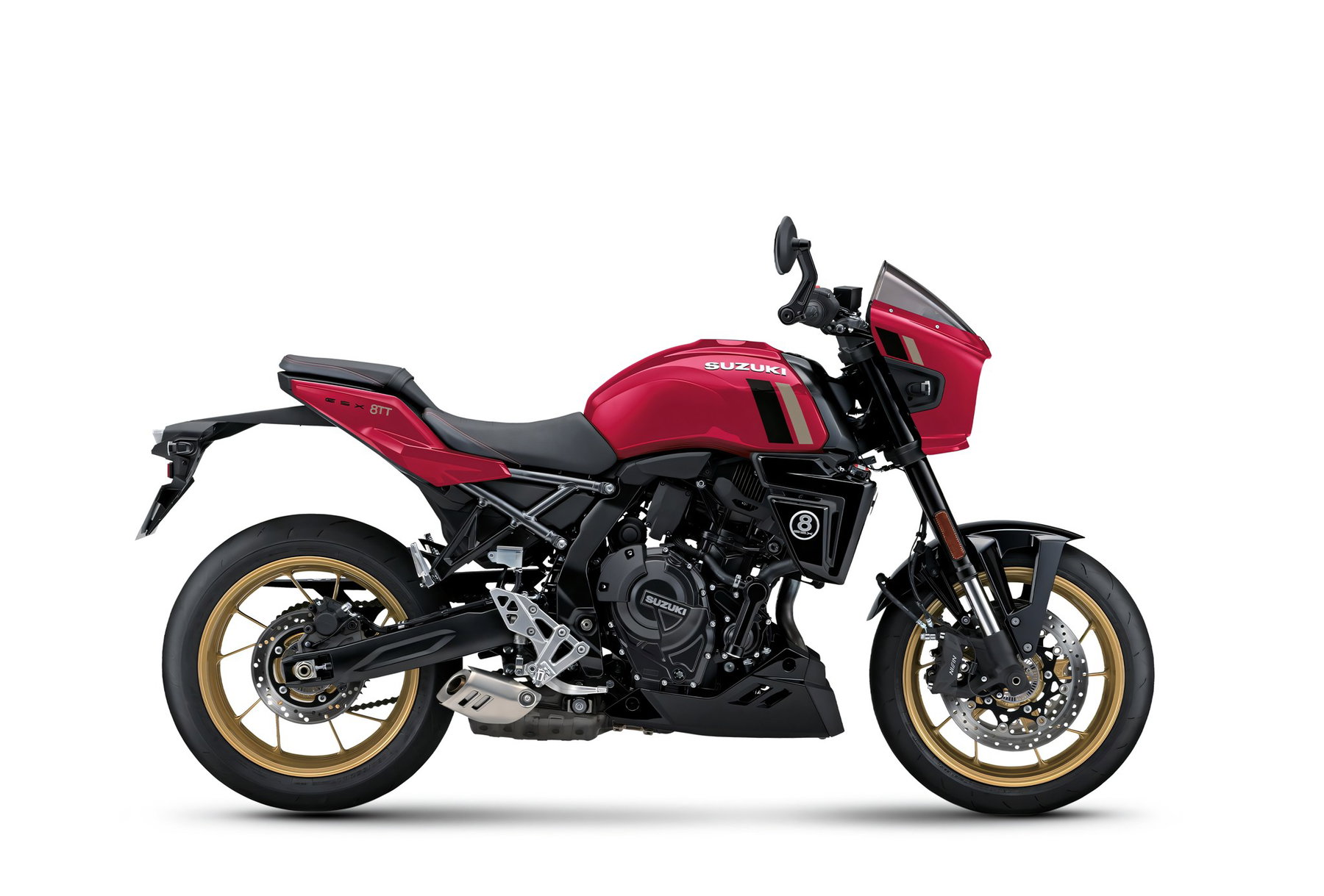 Suzuki GSX-8TT 2027: Rot-Gold-Look und Tempomat, die Technik bleibt 3 Suzuki GSX-8TT in Candy Daring Red mit goldenen Felgen, Studio-Seitenansicht auf weißem Hintergrund