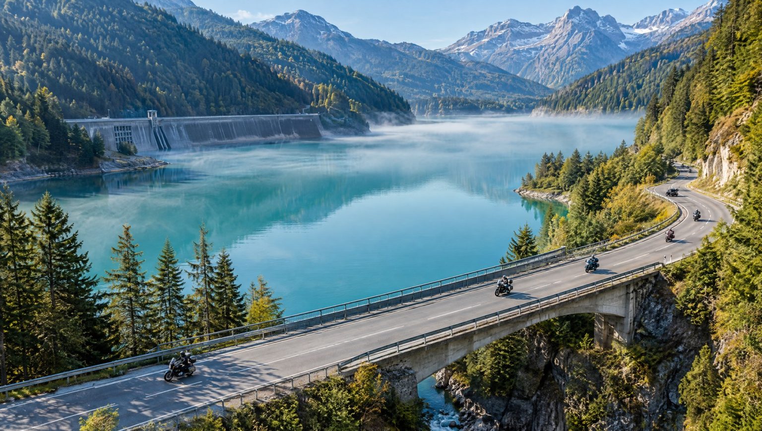 Mehrere Motorräder auf einer Brücke und einer Uferstraße an einem türkisfarbenen Stausee mit Staudamm, umgeben von bewaldeten Bergen, Morgennebel über dem Wasser