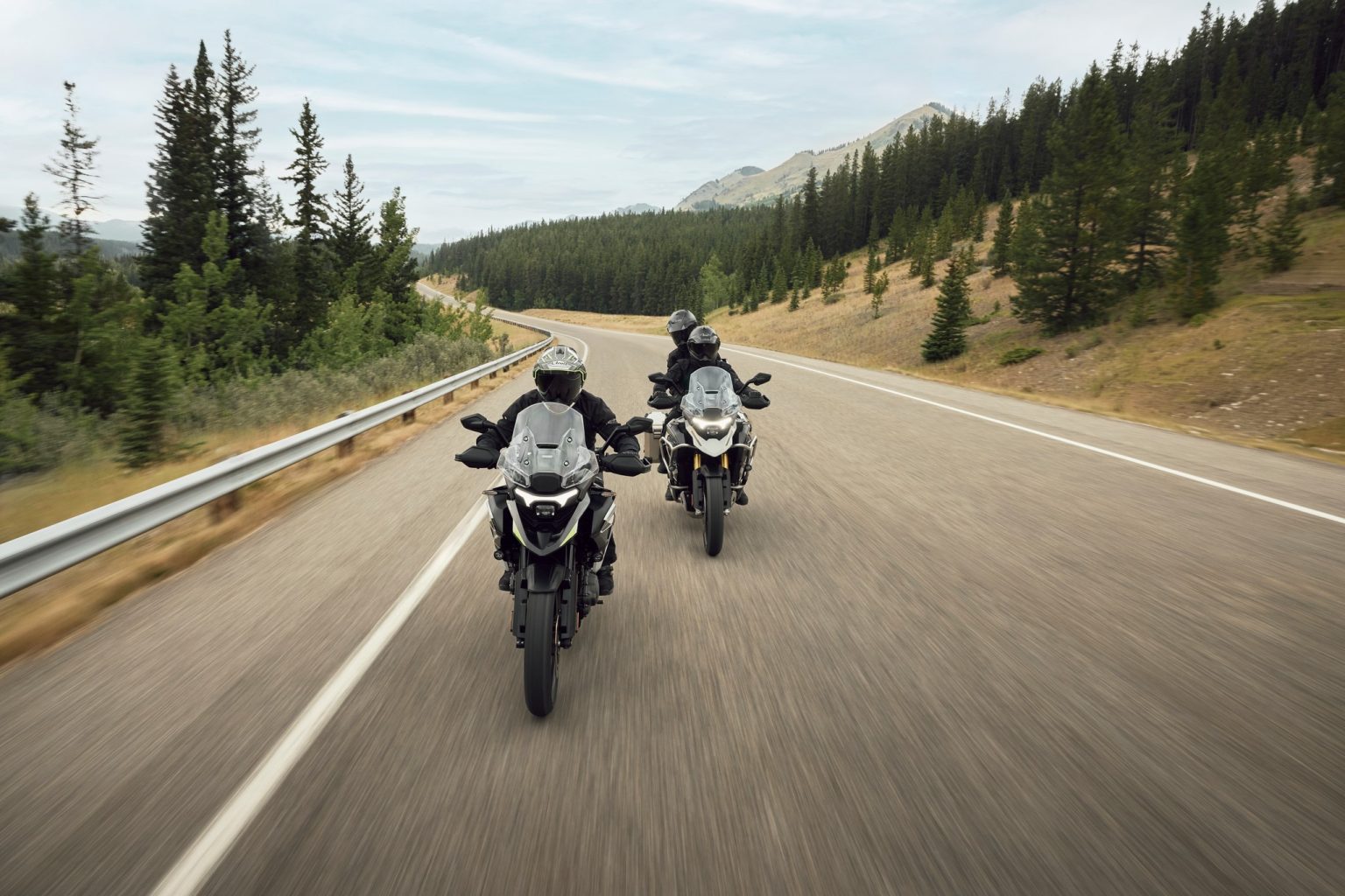 New Triumph Tiger 1200: Why the Rally Now Also Runs a 19-Inch Front Wheel Triumph Tiger 1200 2027 – zwei Tiger 1200 auf einer Landstraße zwischen Nadelwäldern, frontal fahrend