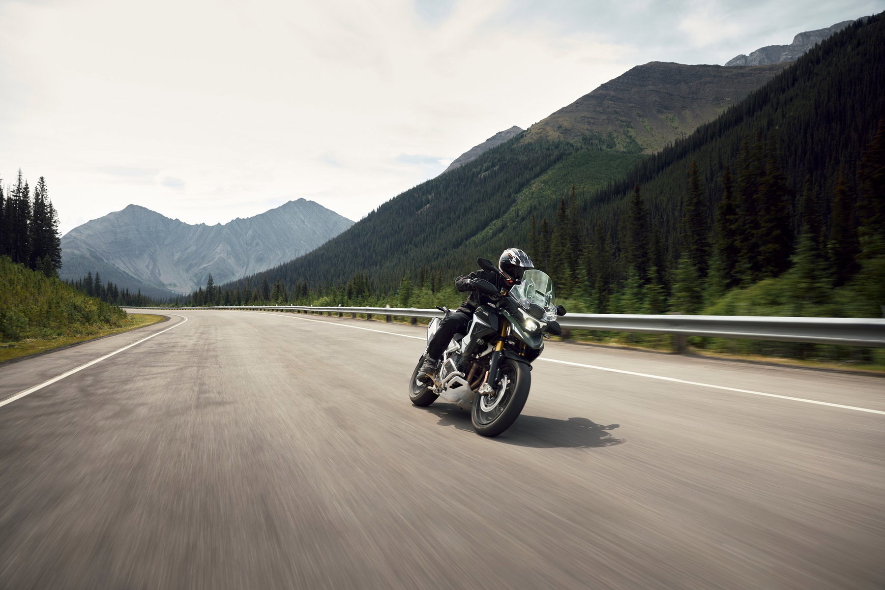 New Triumph Tiger 1200: Why the Rally Now Also Runs a 19-Inch Front Wheel 5 Triumph Tiger 1200 Rally Pro 2027 – in Matt-Khaki-Grün in Schräglage vor bewaldeten Bergen