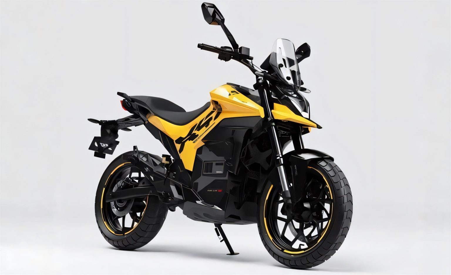 Ultraviolette X-47 Venom 2026 – Dreiviertelansicht von vorn links in Afterburner Yellow vor hellem Studiohintergrund