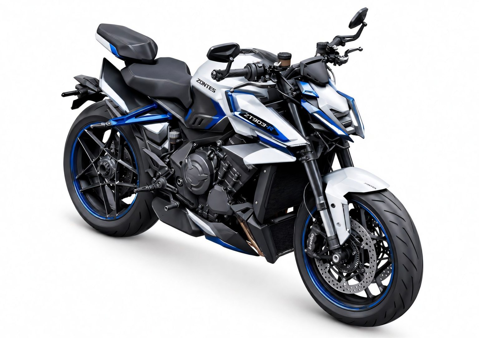 Zontes ZT903-R: Kein aufgebohrter 703er, sondern ein komplett neuer Motor Zontes ZT903-R – Dreiviertelansicht von vorn rechts in Weiß-Blau mit gestapelten LED-Scheinwerfern und Winglets