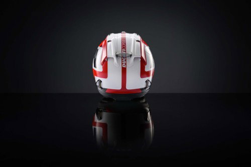 Ducati Corse Arai Helm Heckansicht mit Spoiler in Rot-Weiss – Ducati Superleggera V4 Centenario 2027