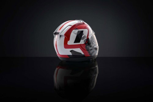 Ducati Performance Arai Helm rechte Seite hinten in Rot-Weiss-Grau – Ducati Superleggera V4 Centenario 2027