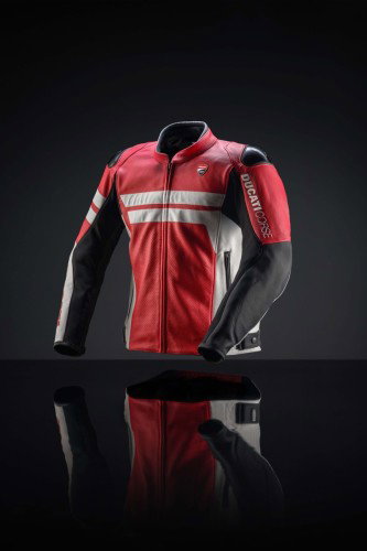 Ducati Corse Lederjacke Frontansicht mit perforiertem Leder in Rot-Weiss – Ducati Superleggera V4 Centenario 2027