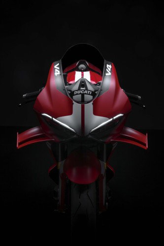 Ducati Superleggera V4 Centenario 2027 Frontansicht Nahaufnahme mit DRL und Ducati Logo auf Windschild