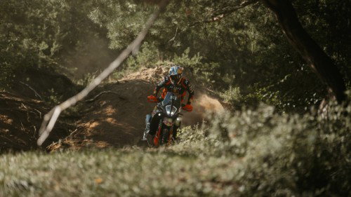 KTM 890 Adventure R Rally 2026 auf Waldweg zwischen Baeumen und Bueschen – Frontansicht Offroad