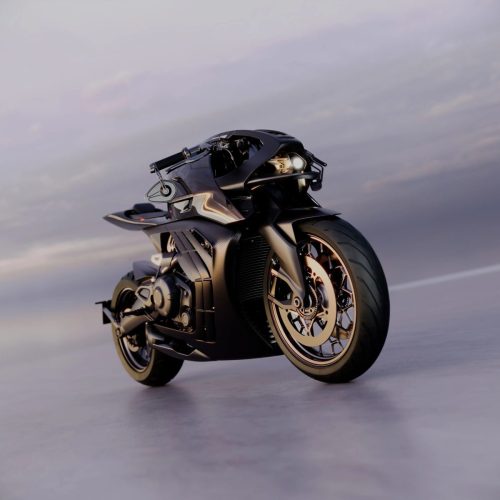 Aston Martin AMB 002 (2027) – Frontansicht schräg von vorne, schwarzes Carbon-Design mit Gold-Akzenten an Felgen und Bremsscheiben, LED-Scheinwerfer beleuchtet, Studio-Himmelshintergrund