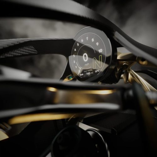 Aston Martin AMB 002 (2027) – Cockpit-Detail mit digitalem TFT-Display, Anzeige Leerlauf 'N', 0 mph und Tageskilometerzähler