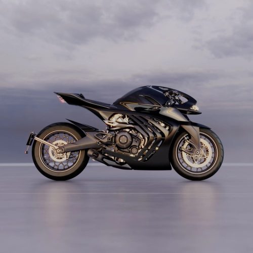 Aston Martin AMB 002 (2027) – Seitenansicht mit Blick auf das freiliegende Titan-Rahmen-Rückgrat, den V-Twin-Motor und die Fior-Doppelquerlenker-Vorderradführung