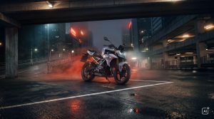 BMW F 450 R 2027 – M Sport in Snaefell Weiß / M Motorsport in einem nächtlichen Parkhaus mit rotem Rauch (KI-generiertes BMW-Pressebild)