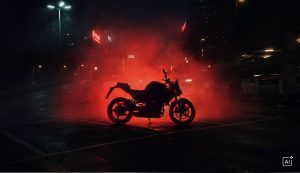 BMW F 450 R 2027 – in Cosmic Black als Silhouette vor rot beleuchtetem Rauch bei Nacht (KI-generiertes BMW-Pressebild)