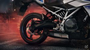 BMW F 450 R 2027 – Detailansicht von Hinterrad, Schwinge und weißem Gitterrohrrahmen in rotem Rauch (KI-generiertes BMW-Pressebild)