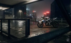 BMW F 450 R 2027 – M Sport in Snaefell Weiß / M Motorsport auf einem nassen Parkdeck vor nächtlicher Großstadtkulisse (KI-generiertes BMW-Pressebild)
