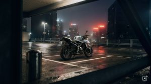 BMW F 450 R 2027 – M Sport in Snaefell Weiß / M Motorsport, Heckansicht schräg von hinten auf einem nassen Parkplatz bei Nacht (KI-generiertes BMW-Pressebild)
