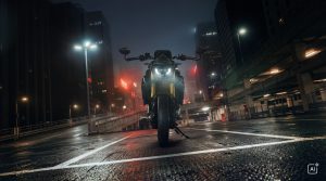 BMW F 450 R 2027 – Frontansicht mit LED-Scheinwerfer auf einem nassen Parkdeck in nächtlicher Großstadt (KI-generiertes BMW-Pressebild)