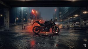 BMW F 450 R 2027 – in Cosmic Black mit rotem Rauch am Hinterrad auf nassem Parkdeck bei Nacht (KI-generiertes BMW-Pressebild)