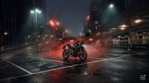 BMW F 450 R 2027 – in Cosmic Black mit eingeschaltetem Scheinwerfer in rotem Nebel auf einem Parkdeck bei Nacht (KI-generiertes BMW-Pressebild)
