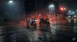 BMW F 450 R 2027 – in Snaefell Weiß / M Motorsport und Cosmic Black nebeneinander in rotem Nebel auf einem Parkdeck bei Nacht (KI-generiertes BMW-Pressebild)