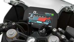 BMW F 450 RR 2027 – Detailaufnahme des 6,5-Zoll-TFT-Displays im Fahrmodus Race Pro