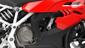 BMW F 450 RR 2027 – Sport in Racing Red, Detailaufnahme von Motor, weißem Gitterrohrrahmen und Verkleidung mit RR-Schriftzug